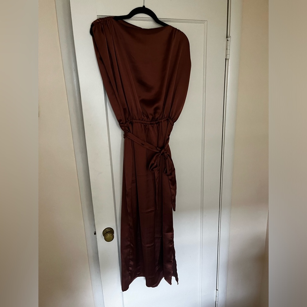 AZOE Satin Material Mid Length rouched shoulders belted dress